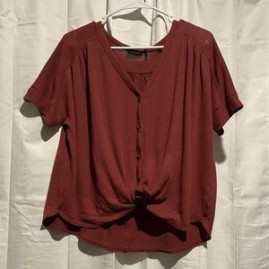 Slightly Oversized Button-Front Knit Short Sleeved Knotted Top - Extra Small